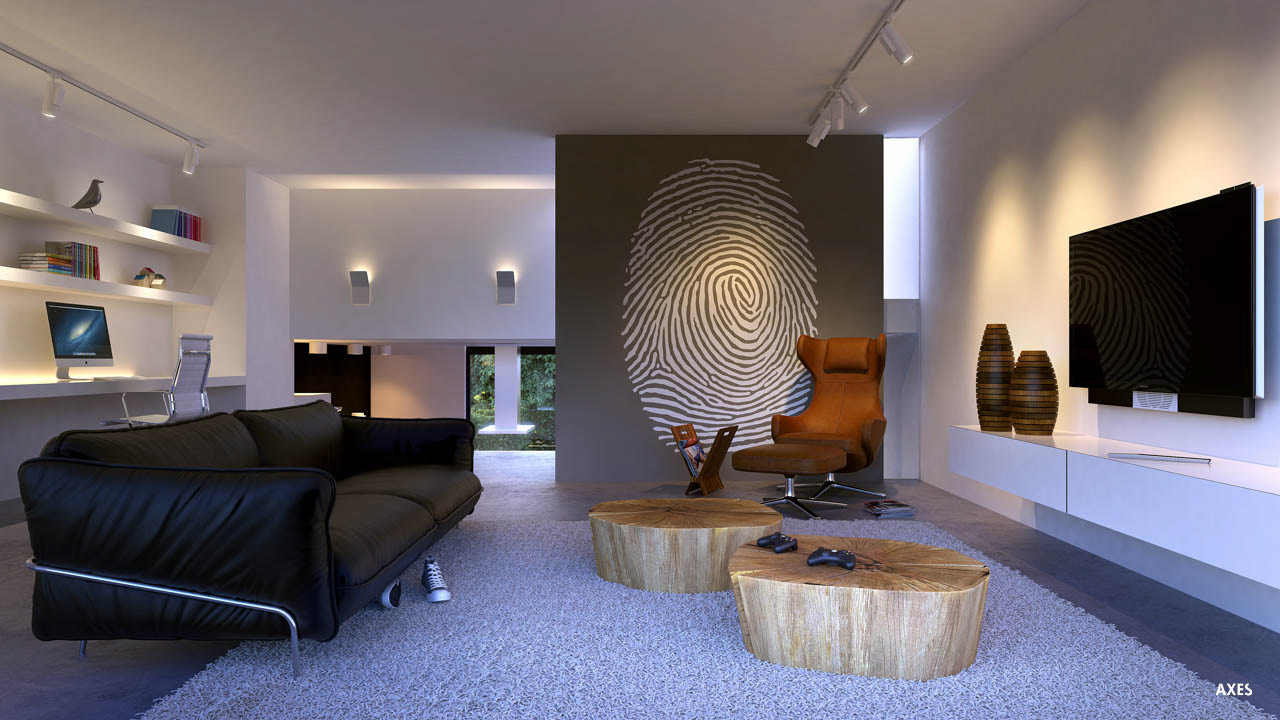 Woonkamer met houten tafels, een donkere bank en een bruine fauteuil